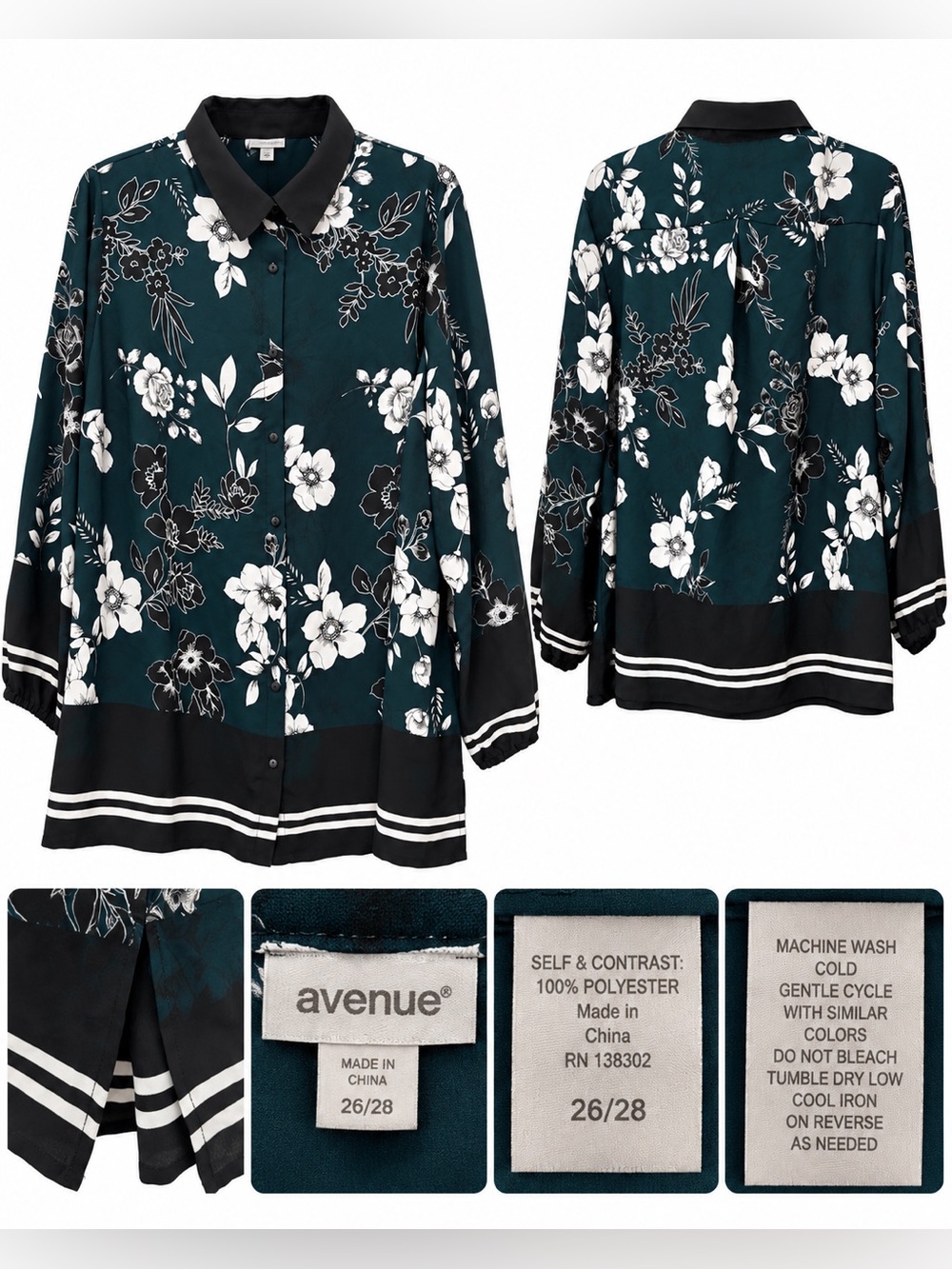 Avenue Floral Button Front Blouse Size 26/28 Teal Black White Long Sleeve